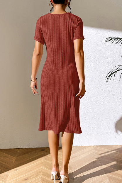 Ribbed Asymmetrical Neck Short Sleeve Dress-Angel Casuals