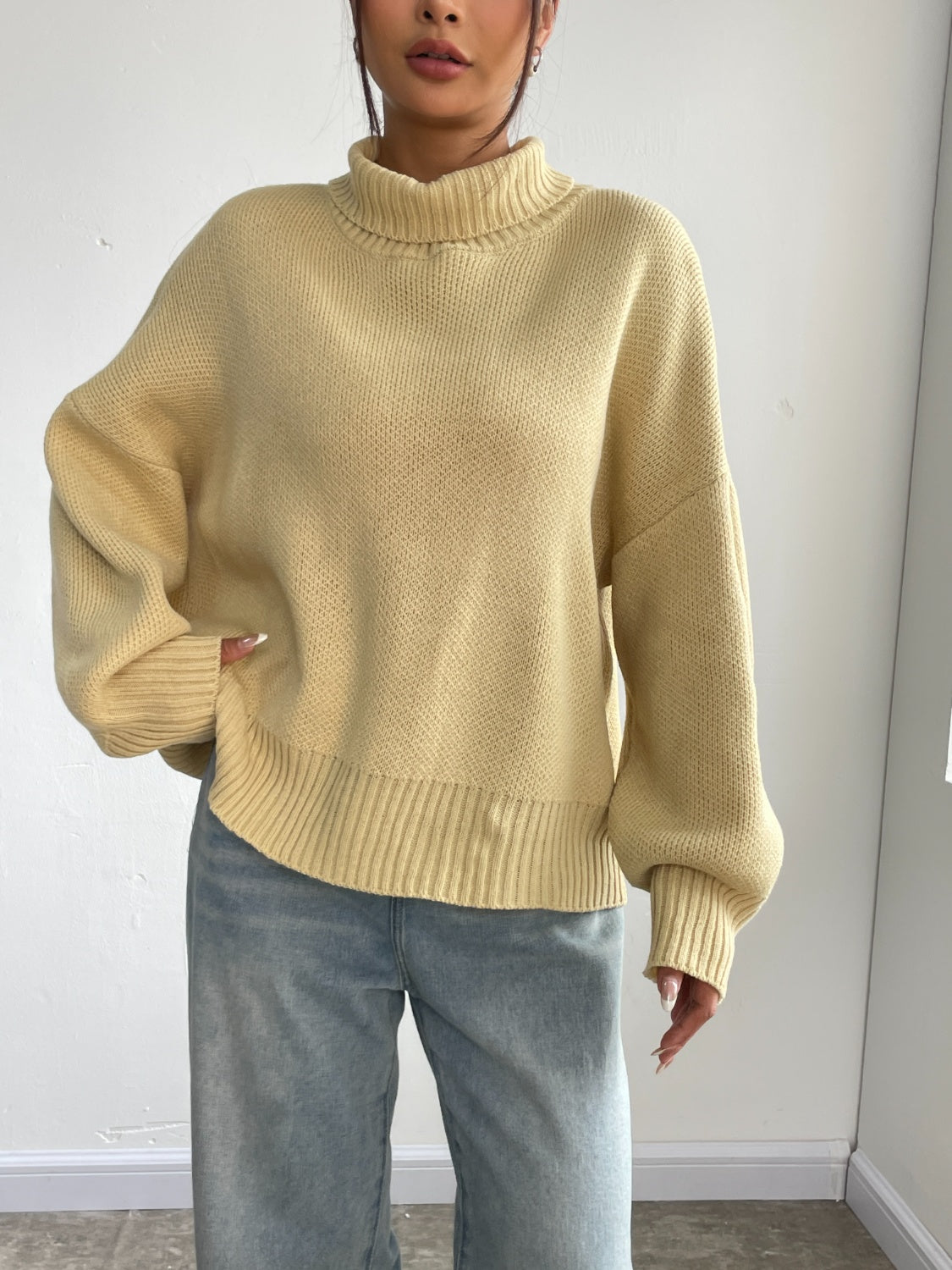 Turtleneck Dropped Shoulder Sweater-Angel Casuals