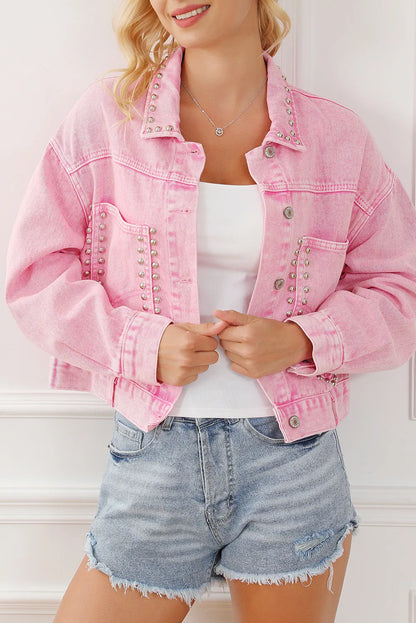 Studded Collared Neck Denim Jacket with Pockets-Angel Casuals