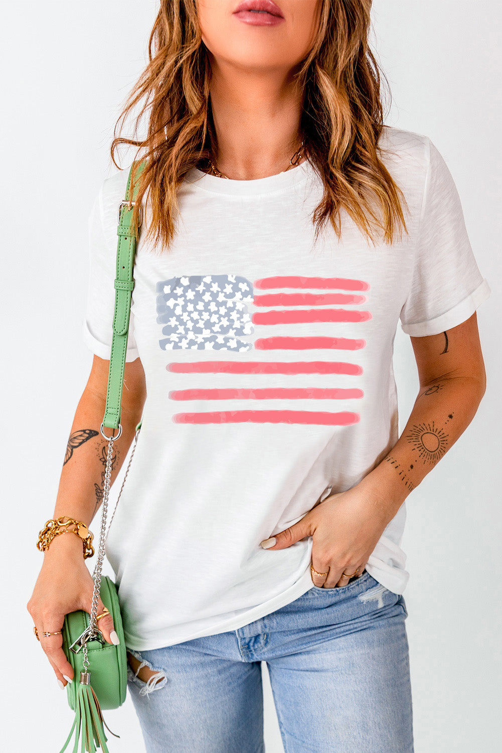 US Flag Round Neck Short Sleeve T-Shirt-Angel Casuals