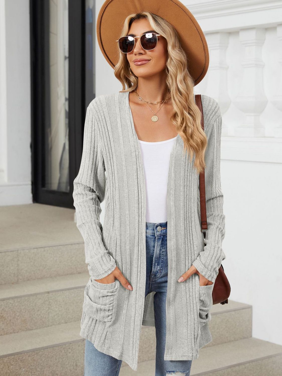 Pocketed Open Front Long Sleeve Cardigan-Angel Casuals