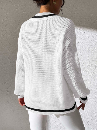 Contrast Trim V-Neck Long Sleeve Sweater-Angel Casuals