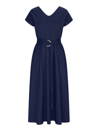 Ruched V-Neck Cap Sleeve Dress-Angel Casuals