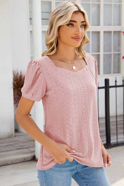 Eyelet Puff Sleeve T-Shirt-Angel Casuals