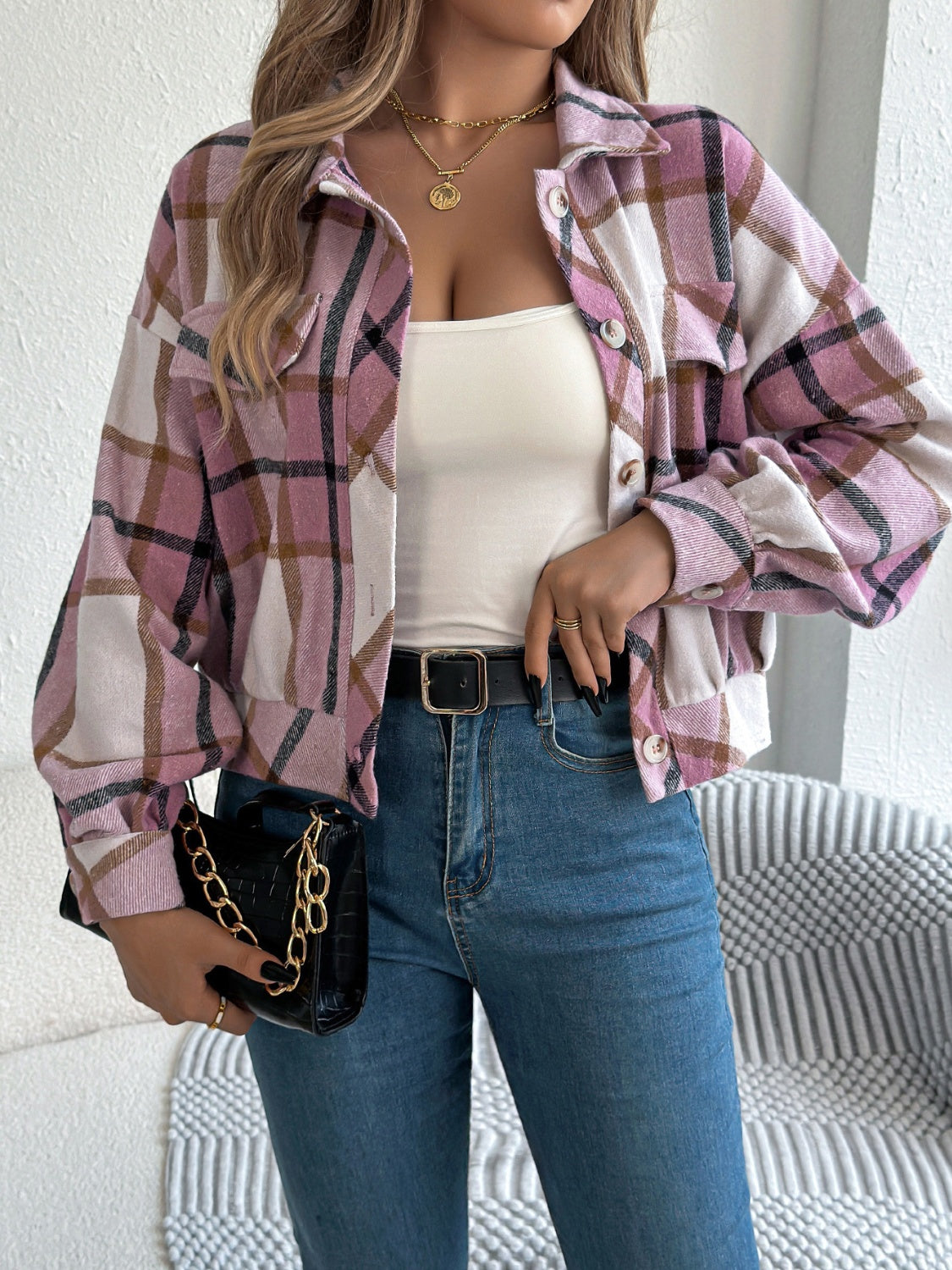 Plaid Button Up Long Sleeve Jacket-Angel Casuals
