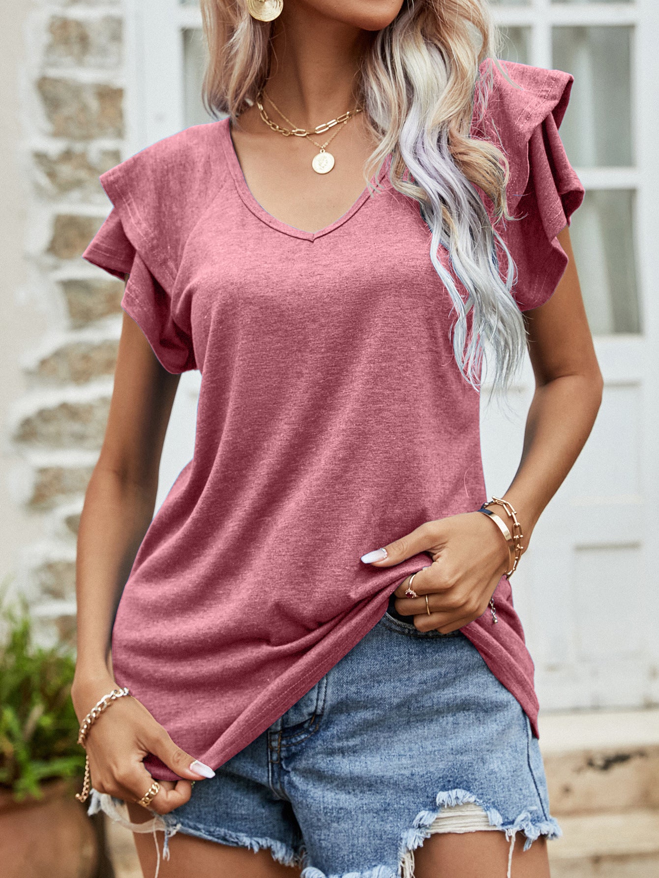 Layered Flutter Sleeve V-Neck Top-Angel Casuals