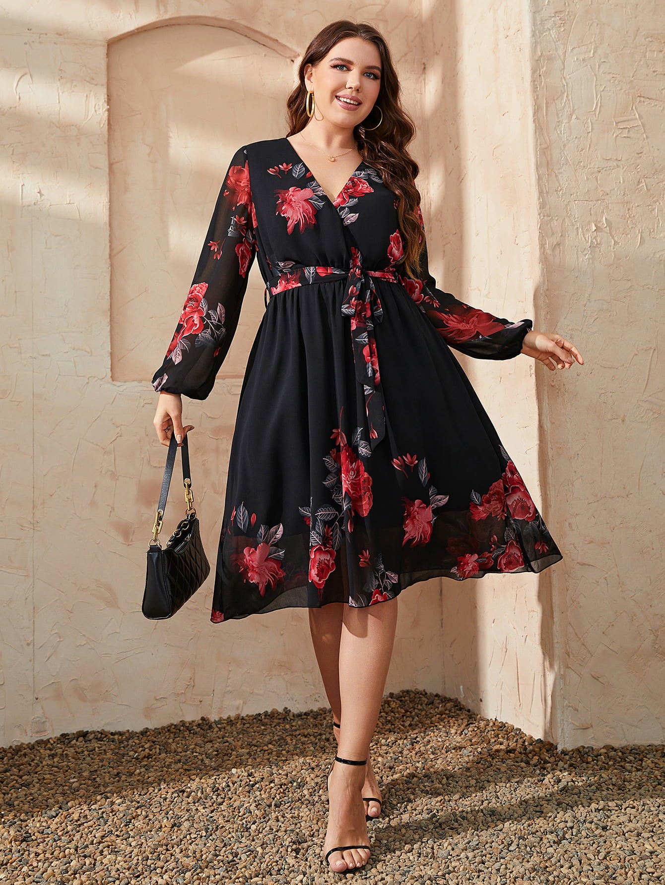 Plus Size Floral Surplice Neck Tie Waist Dress-Angel Casuals