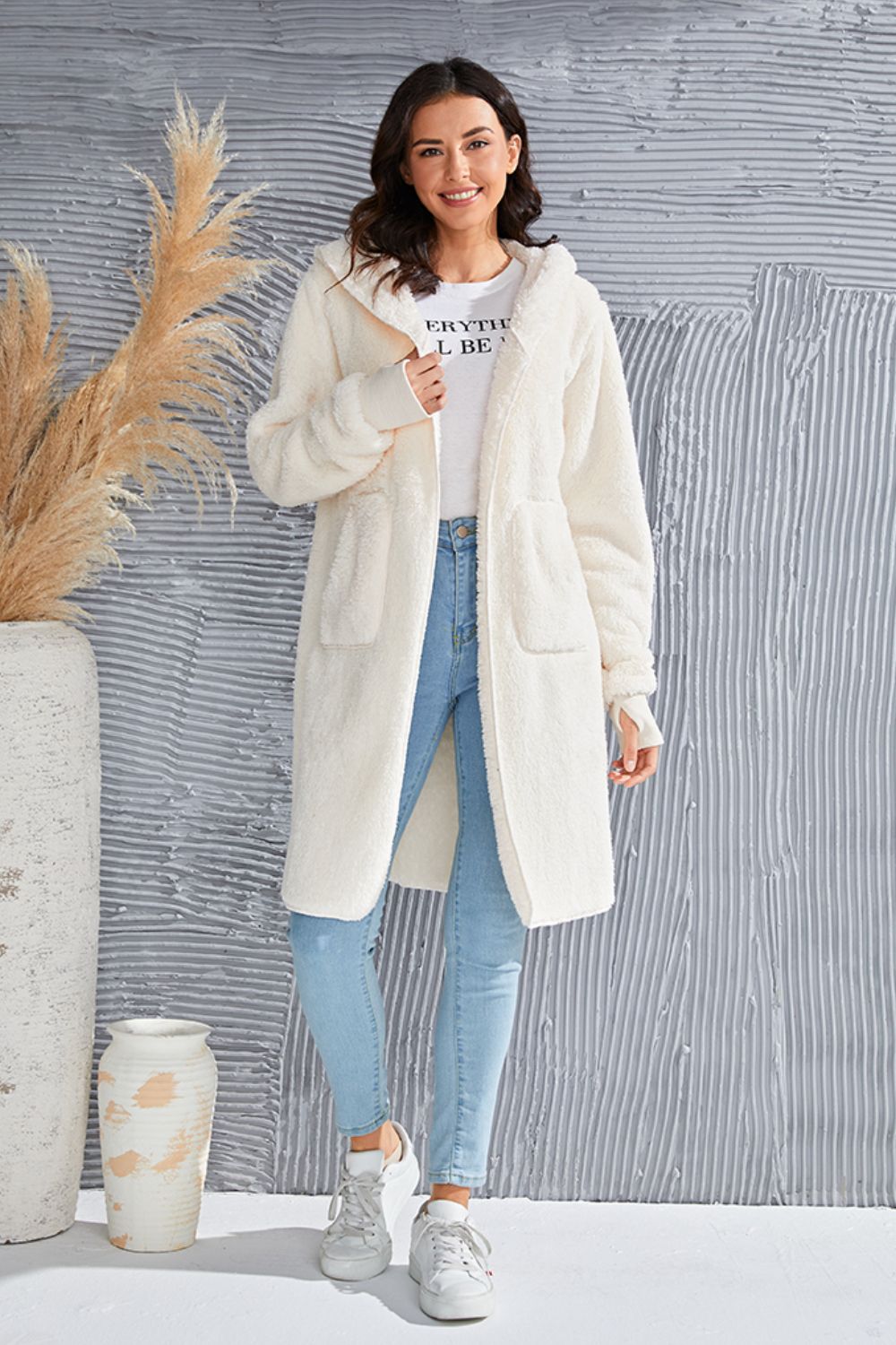 Double Take Full Size Hooded Teddy Bear Jacket with Thumbholes-Angel Casuals