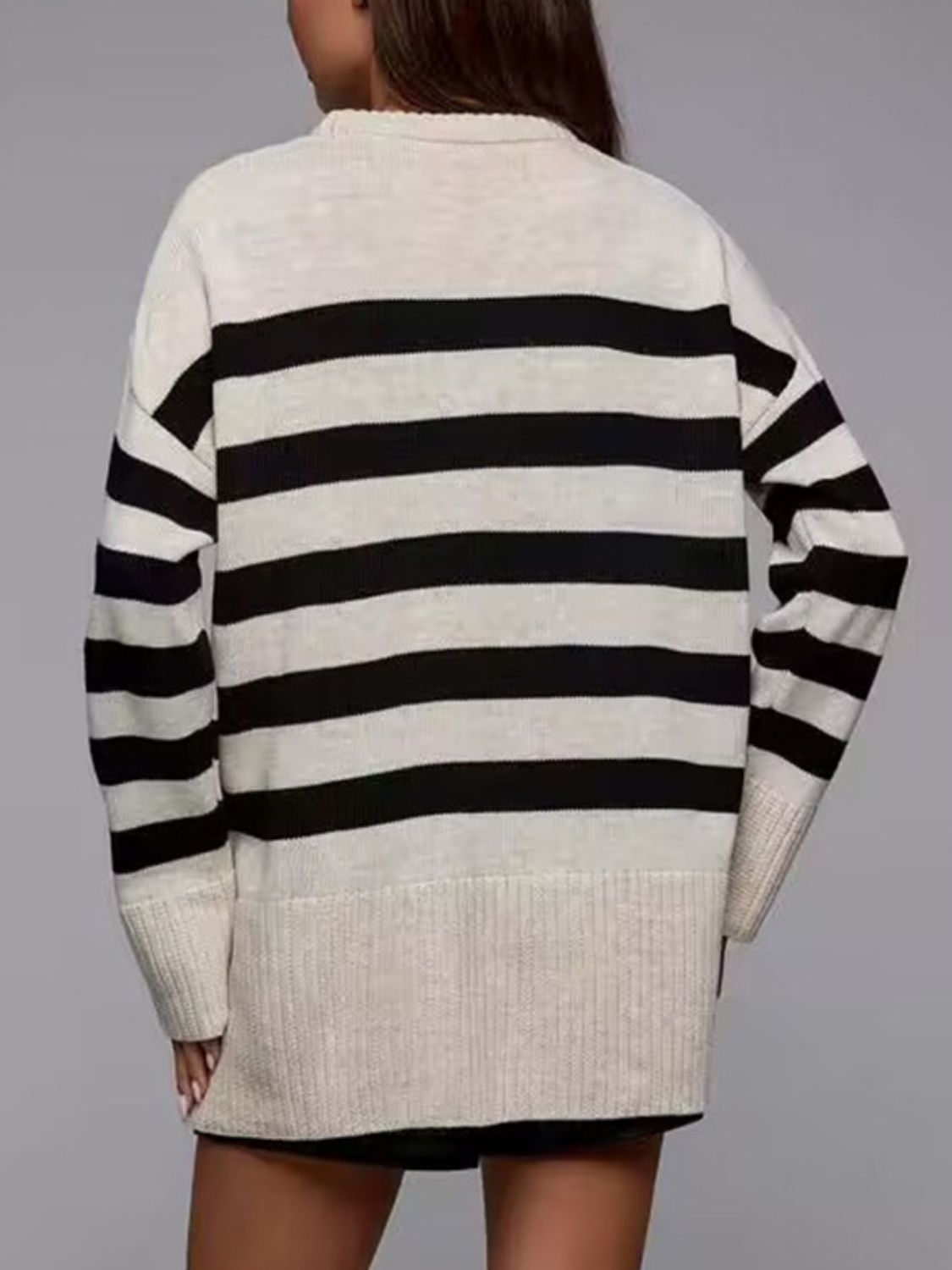 Slit Striped Round Neck Sweater-Angel Casuals