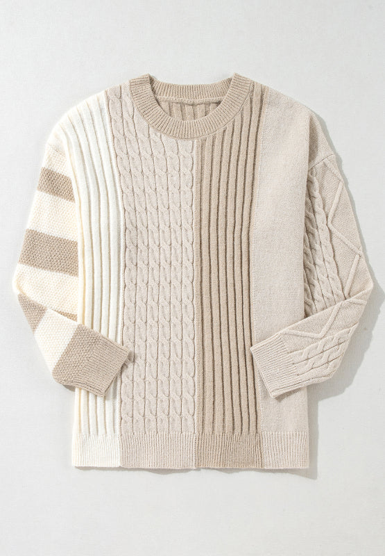 Cable-Knit Color Block Round Neck Sweater-Angel Casuals