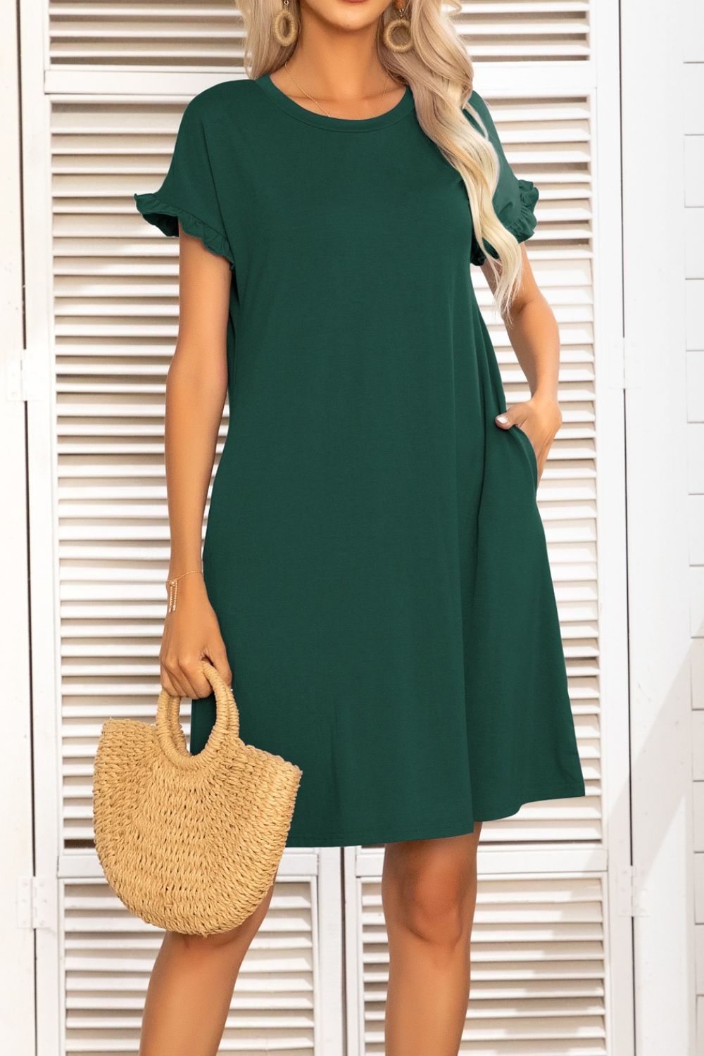 Flounce Sleeve Round Neck Dress with Pockets-Angel Casuals