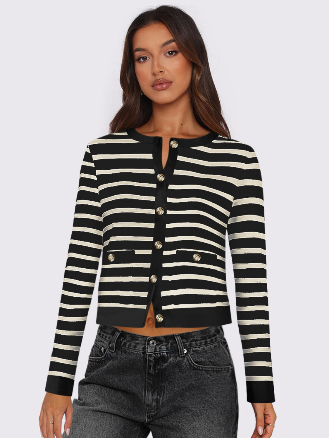 Striped Round Neck Button Up Long Sleeve Cardigan-Angel Casuals