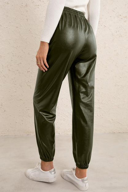 Elastic Waist PU Leather Joggers-Angel Casuals