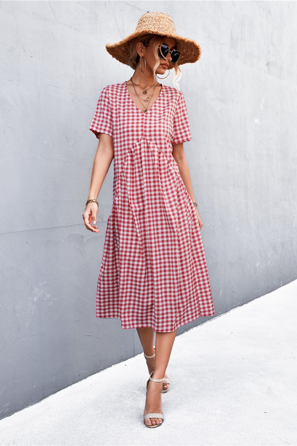 Plaid V-Neck Short Sleeve Dress-Angel Casuals