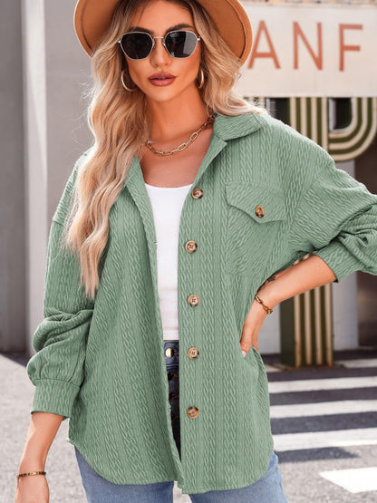 Textured Button Up Long Sleeve Shacket-Angel Casuals