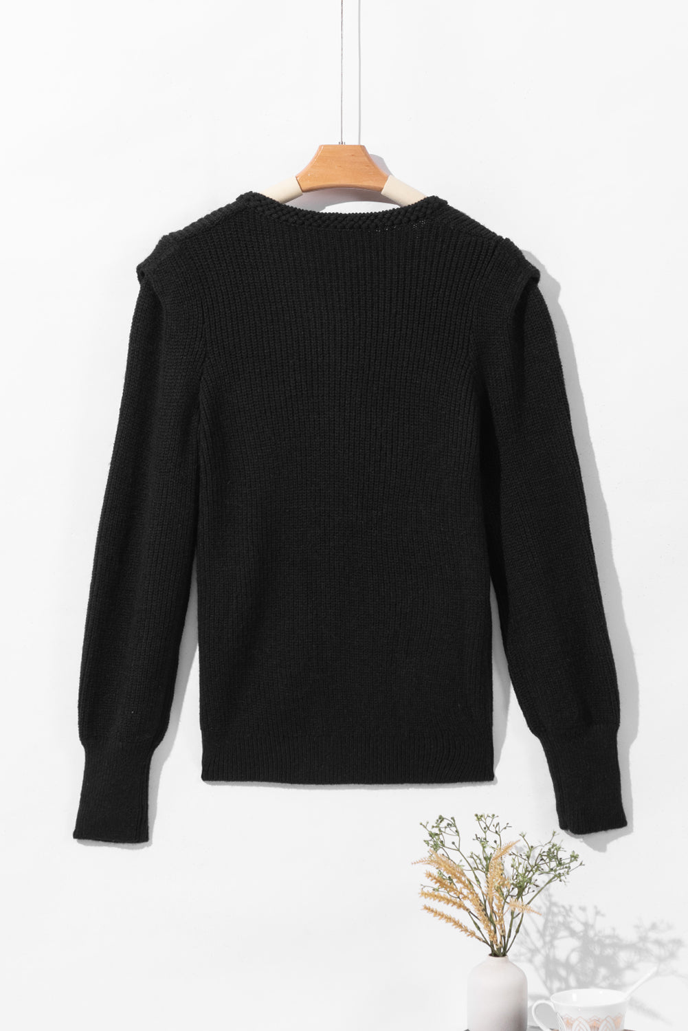 Solid Color Notched Long Sleeve Sweater-Angel Casuals