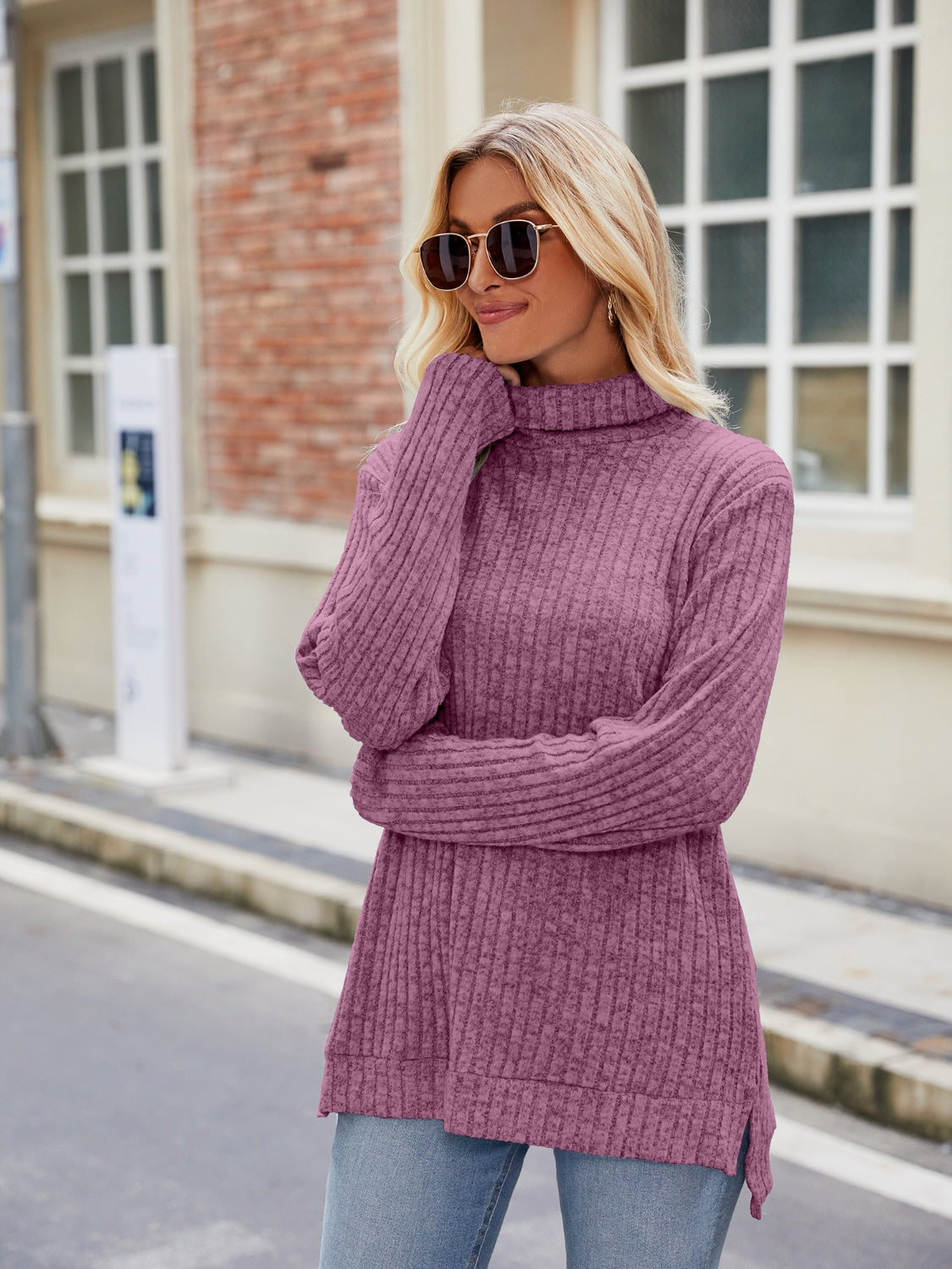 Ribbed Turtleneck Long Sleeve Slit Knit Top-Angel Casuals