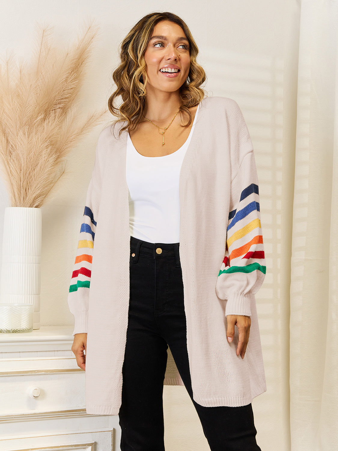 Angel Wings Striped Open Front Dropped Shoulder Cardigan-Angel Casuals