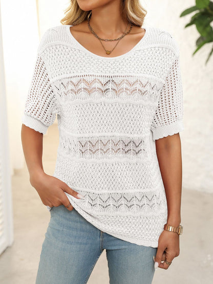 Openwork Round Neck Half Sleeve Knit Top-Angel Casuals