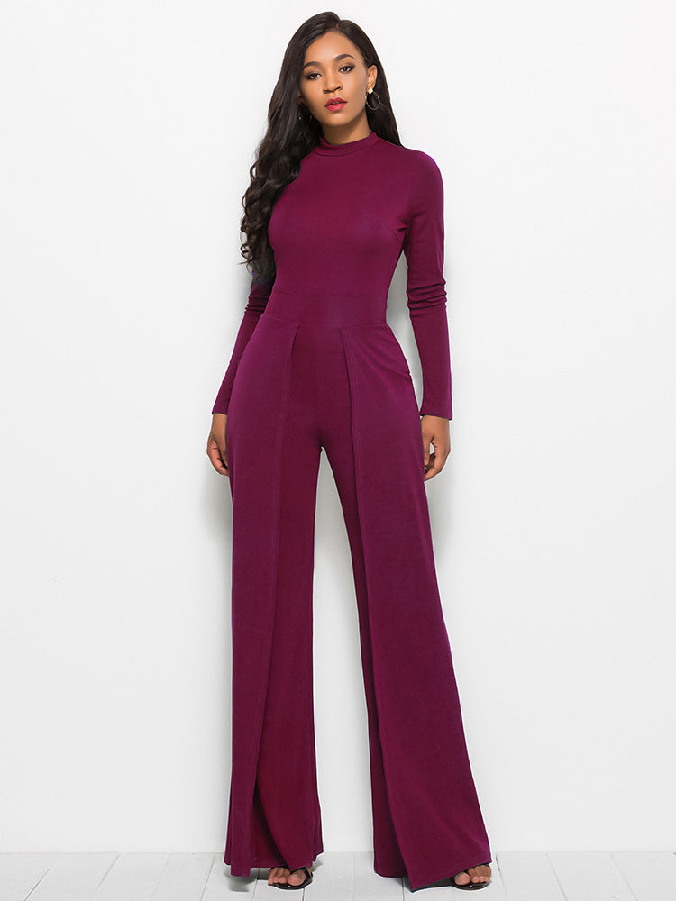 Long Sleeve Mock Neck Wide Leg Jumpsuit-Angel Casuals