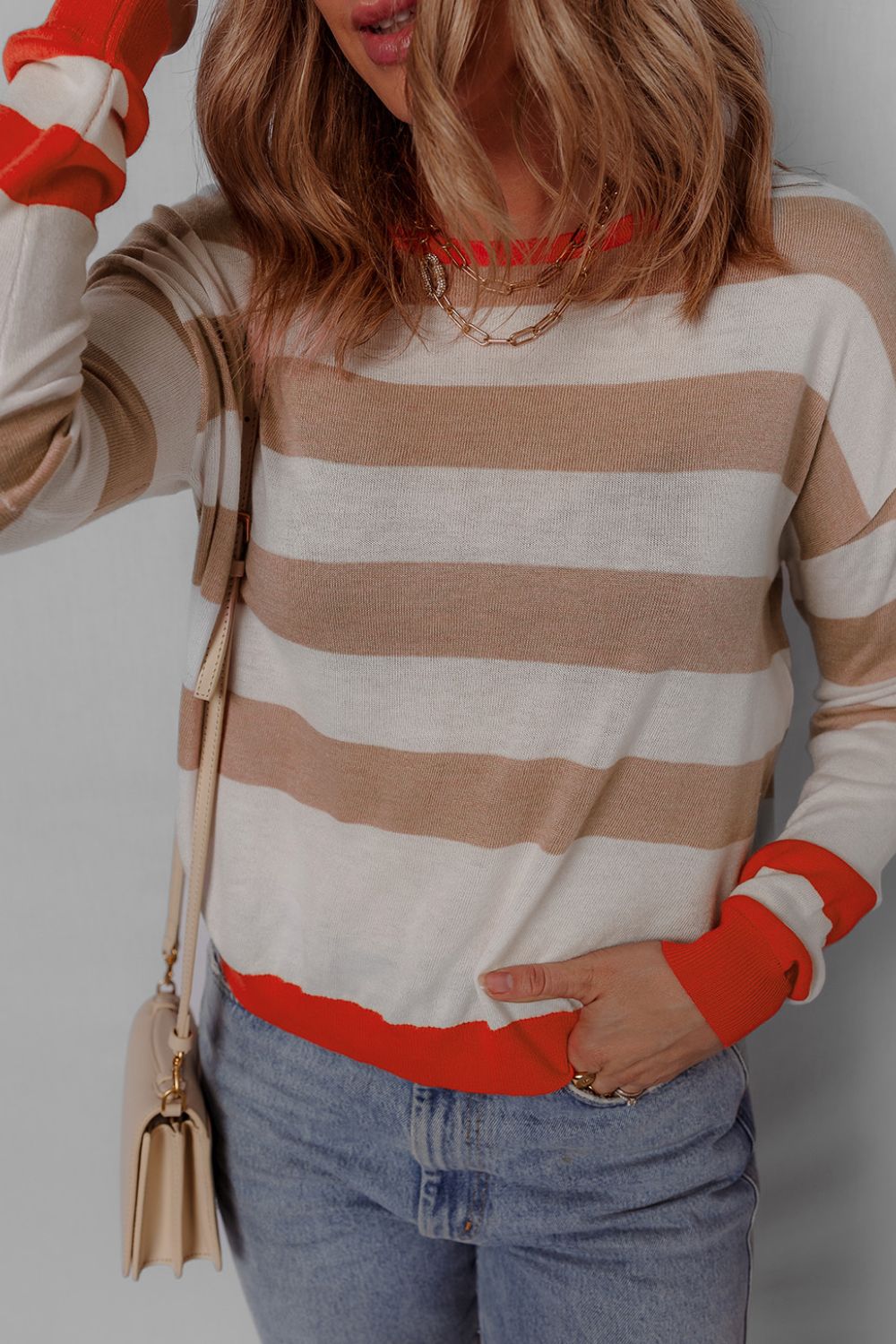 Contrast Striped Round Neck Drop Shoulder Knit Top-Angel Casuals