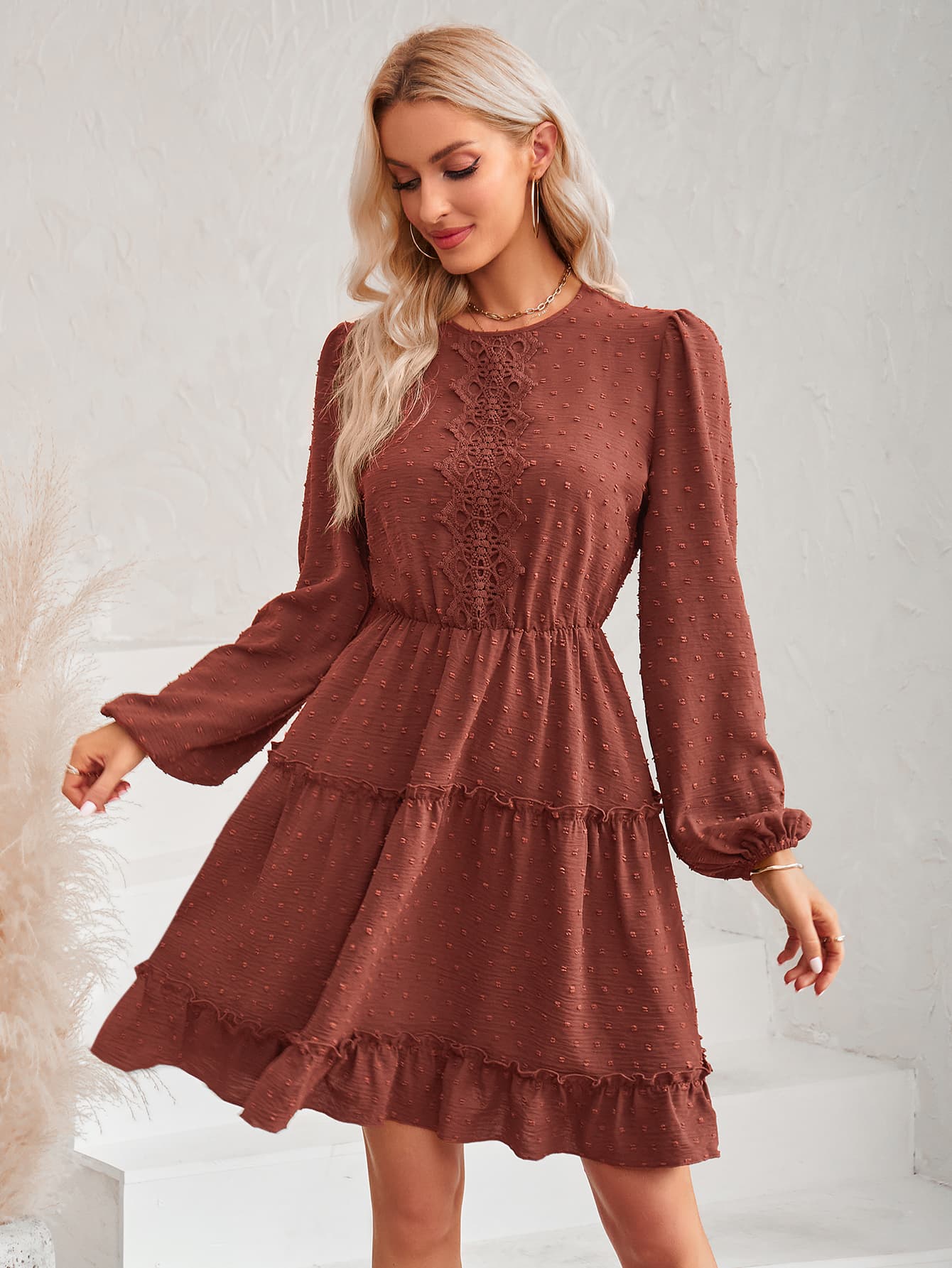 Swiss Dot Lace Trim Balloon Sleeve Dress-Angel Casuals