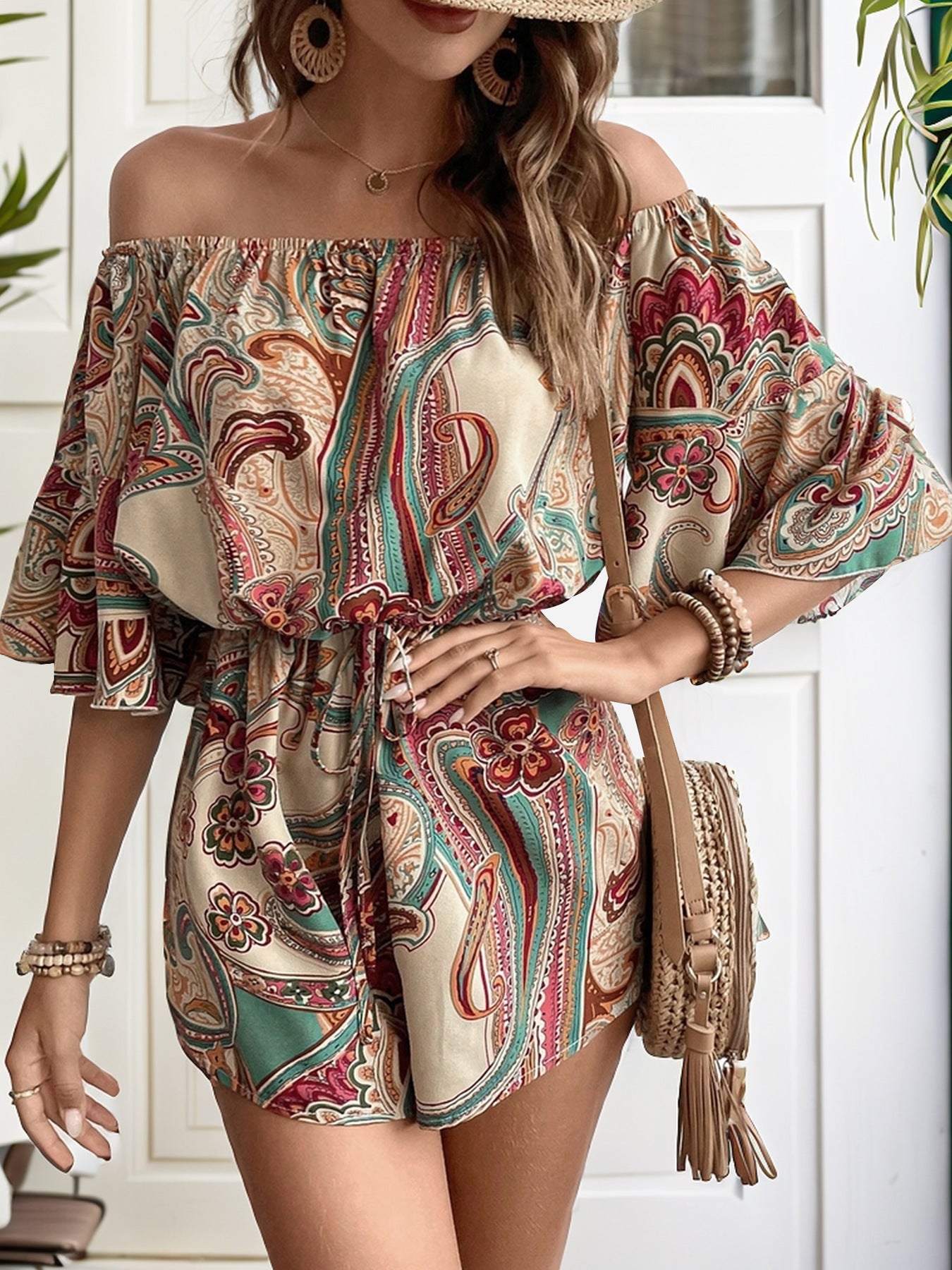 Printed Off Shoulder Half Sleeve Romper-Angel Casuals