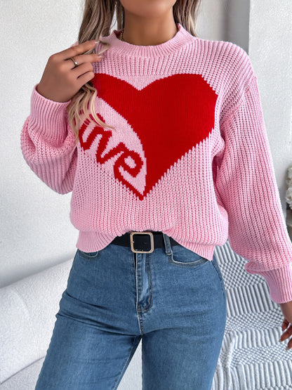 LOVE Heart Round Neck Dropped Shoulder Sweater-Angel Casuals