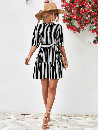 Striped Half Sleeve Tie Waist Mini Dress-Angel Casuals