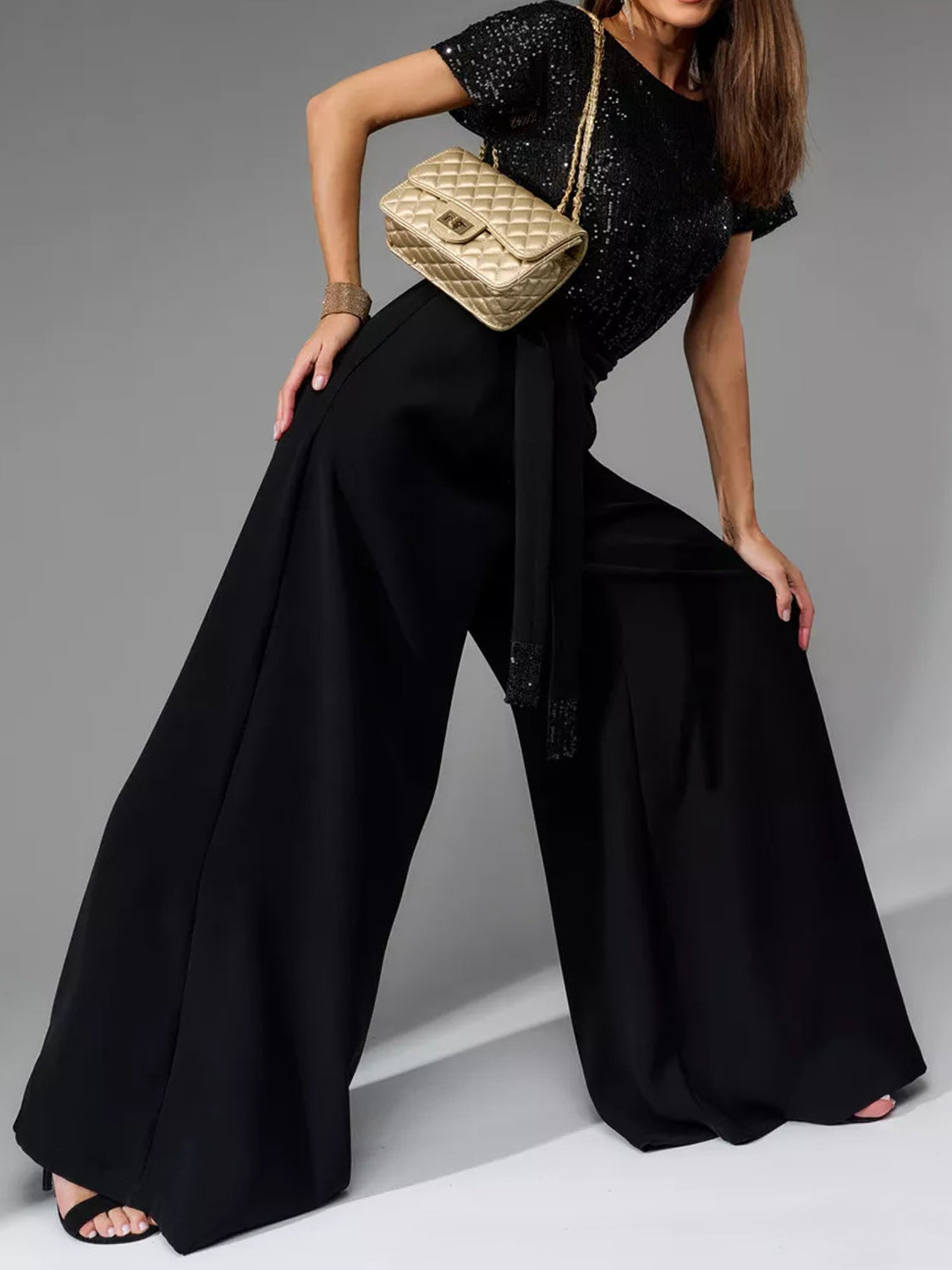 Full Size Sequin Round Neck Short Sleeve Wide Leg Jumpsuit-Angel Casuals