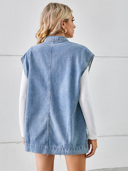 Pocketed Button Up Sleeveless Denim Jacket-Angel Casuals