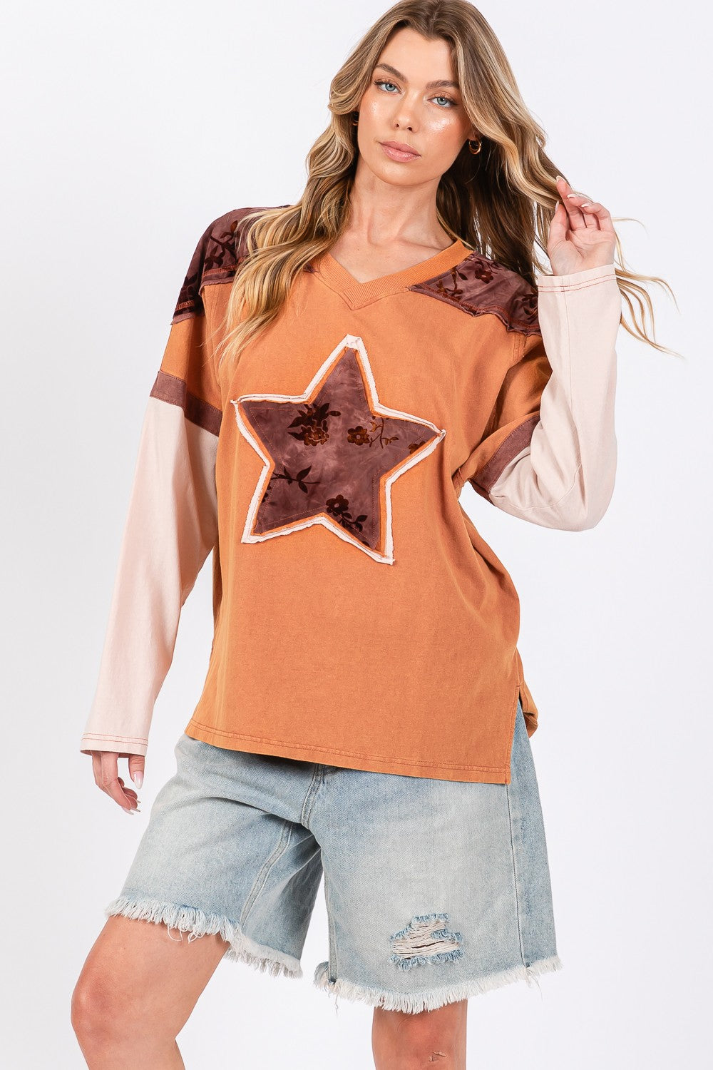 SAGE + FIG Star Patch Long Sleeve Color Block T-Shirt-Angel Casuals