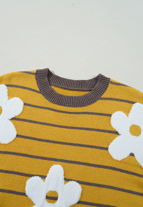 Flower Stripe Round Neck Long Sleeve Sweater-Angel Casuals