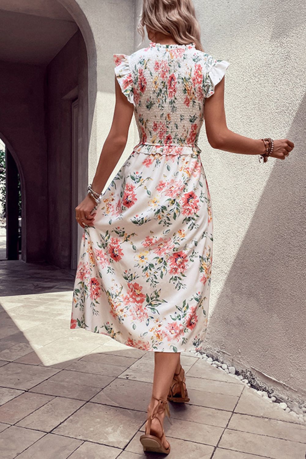 Floral Smocked Butterfly Sleeve Slit Dress-Angel Casuals