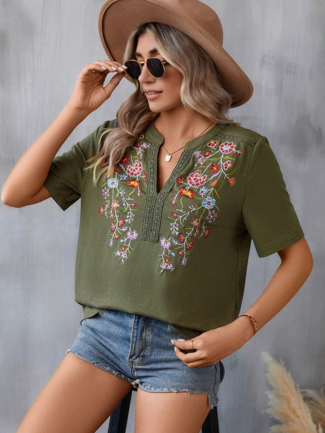 Embroidered Notched Short Sleeve T-Shirt-Angel Casuals