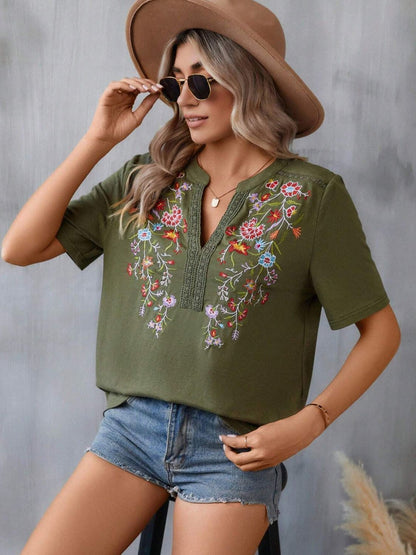 Embroidered Notched Short Sleeve T-Shirt-Angel Casuals