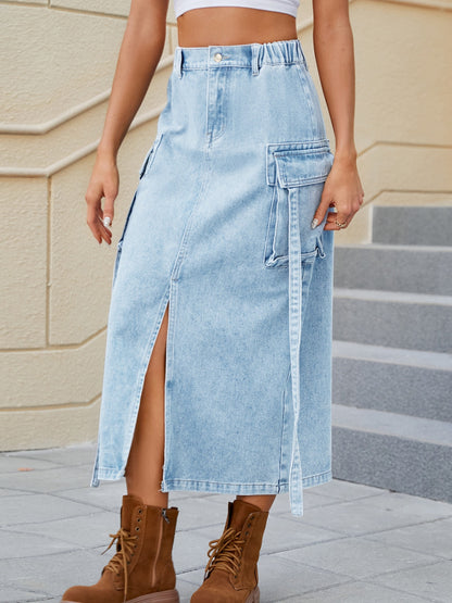 Slit Pocketed High Waist Denim Skirt-Angel Casuals