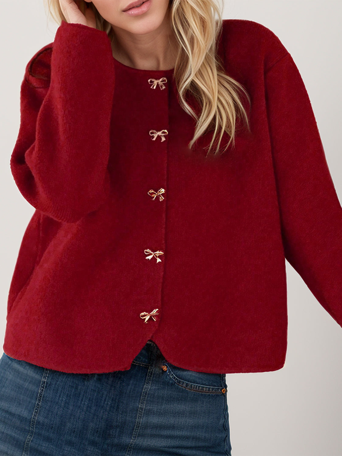 Bow Button Down Round Neck Long Sleeve Cardigan-Angel Casuals