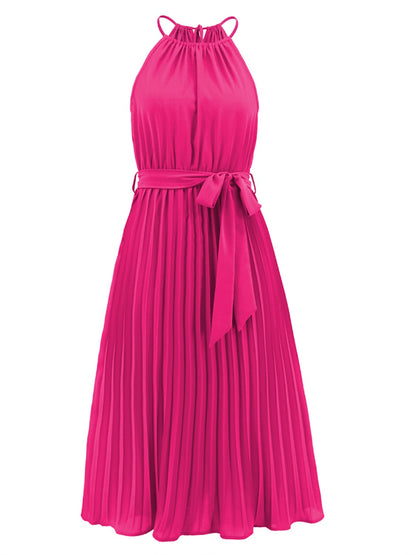 Pleated Spaghetti Strap Tie Waist Midi Dress-Angel Casuals