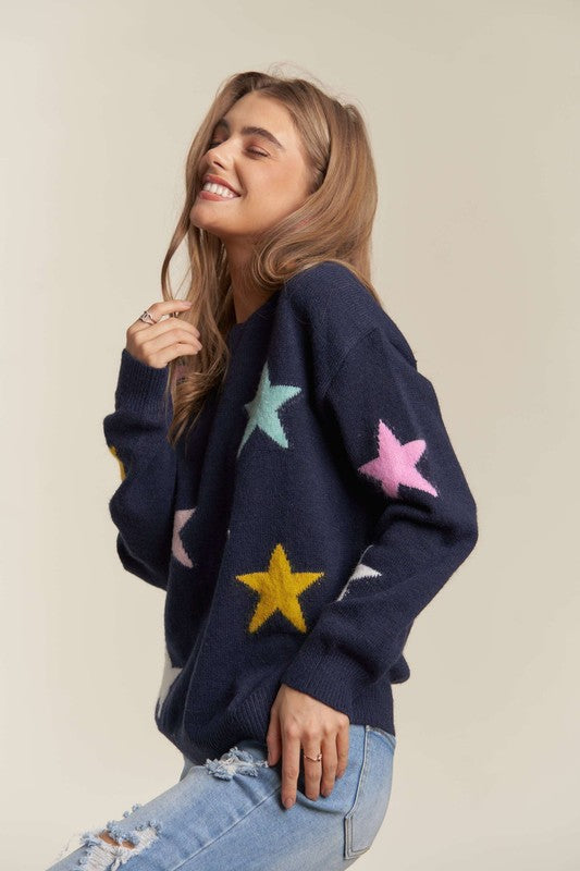 ADORA Stars Pattern Round Neck Drop Shoulder Sweater-Angel Casuals