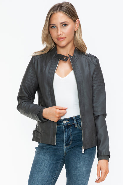 Snobbish PU Leather Biker Jacket with Side Zip Pockets-Angel Casuals