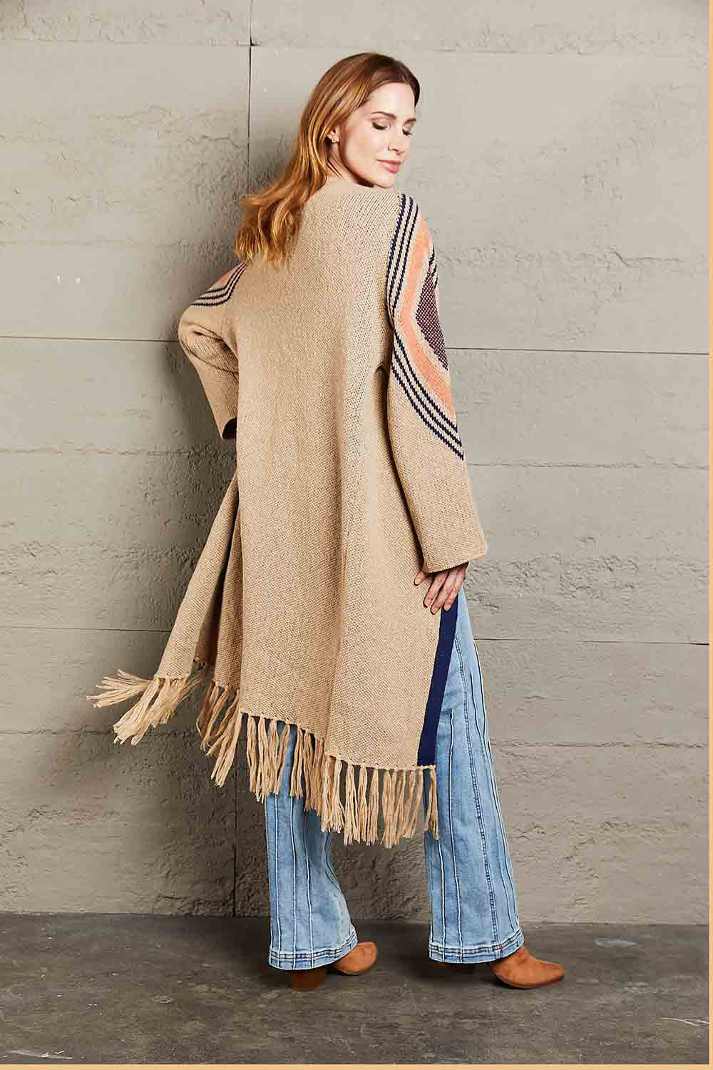 Geometric Fringe Hem Open Front Duster Cardigan-Angel Casuals