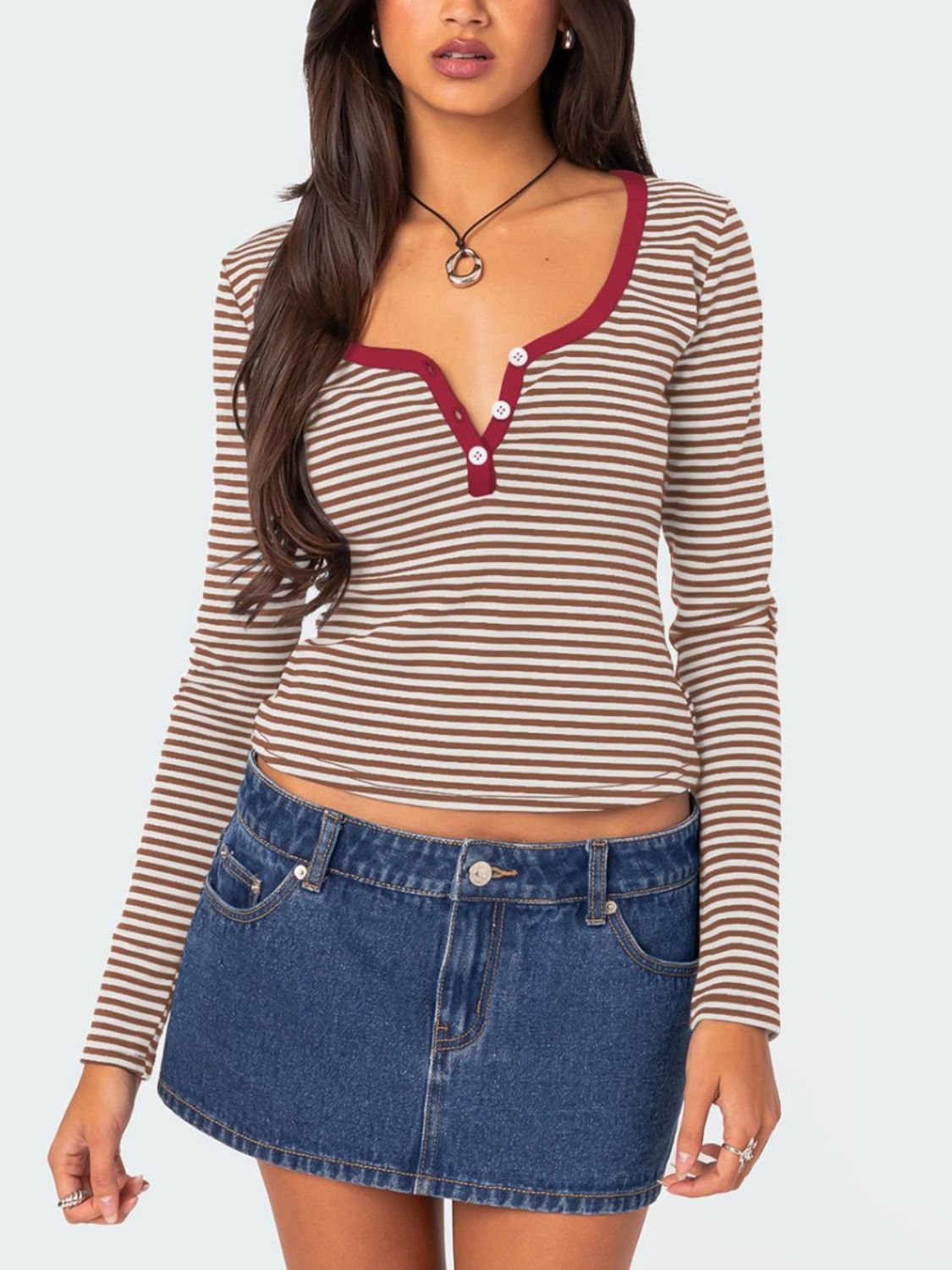 Buttoned Striped Long Sleeve T-Shirt-Angel Casuals