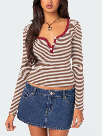 Buttoned Striped Long Sleeve T-Shirt-Angel Casuals