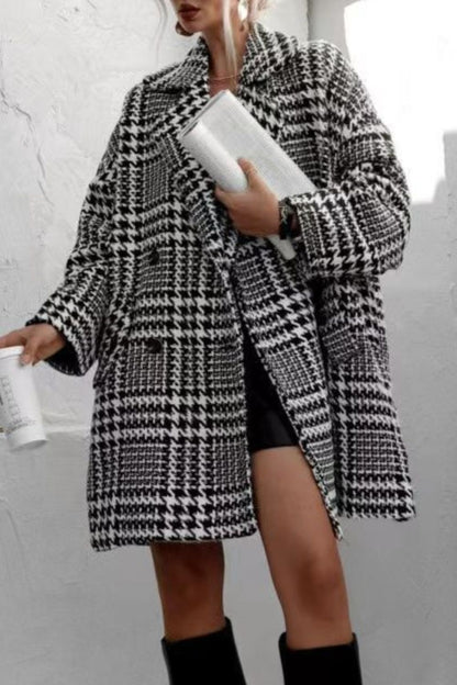 Houndstooth Collared Neck Long Sleeve Coat with Pockets-Angel Casuals