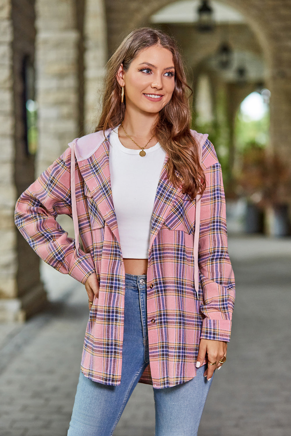 Mandy Plaid Long Sleeve Hooded Jacket-Angel Casuals