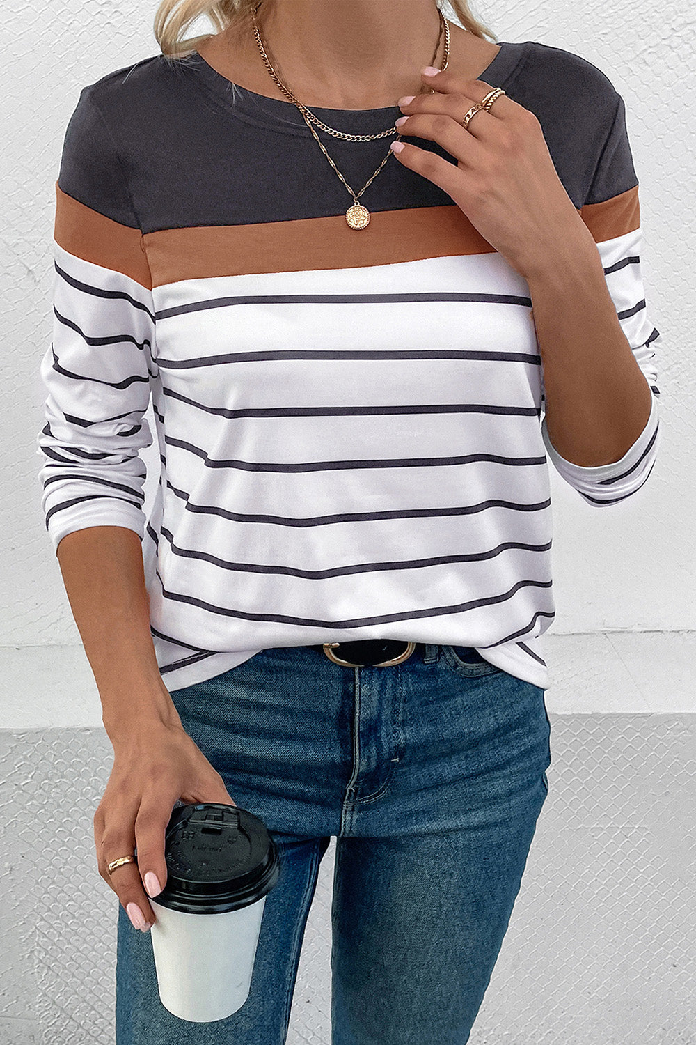 Striped Round Neck Long Sleeve T-Shirt-Angel Casuals