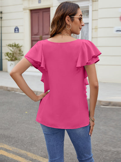 Ruffled V-Neck Short Sleeve Top-Angel Casuals