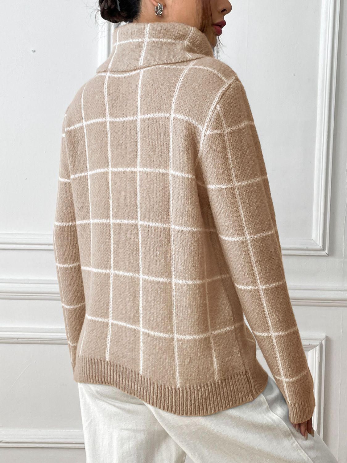 Plaid Turtleneck Long Sleeve Sweater-Angel Casuals