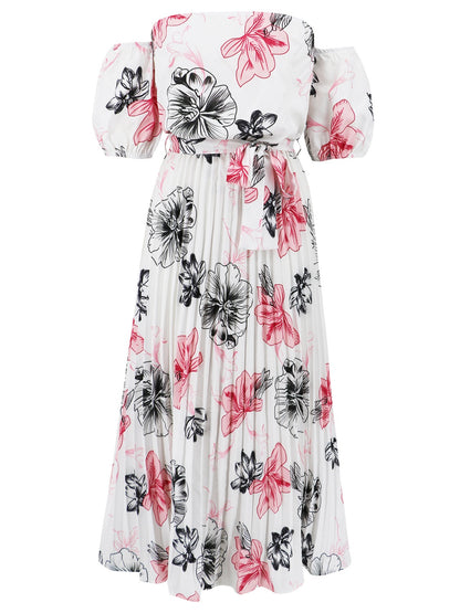 Pleated Floral Off-Shoulder Short Sleeve Midi Dress-Angel Casuals